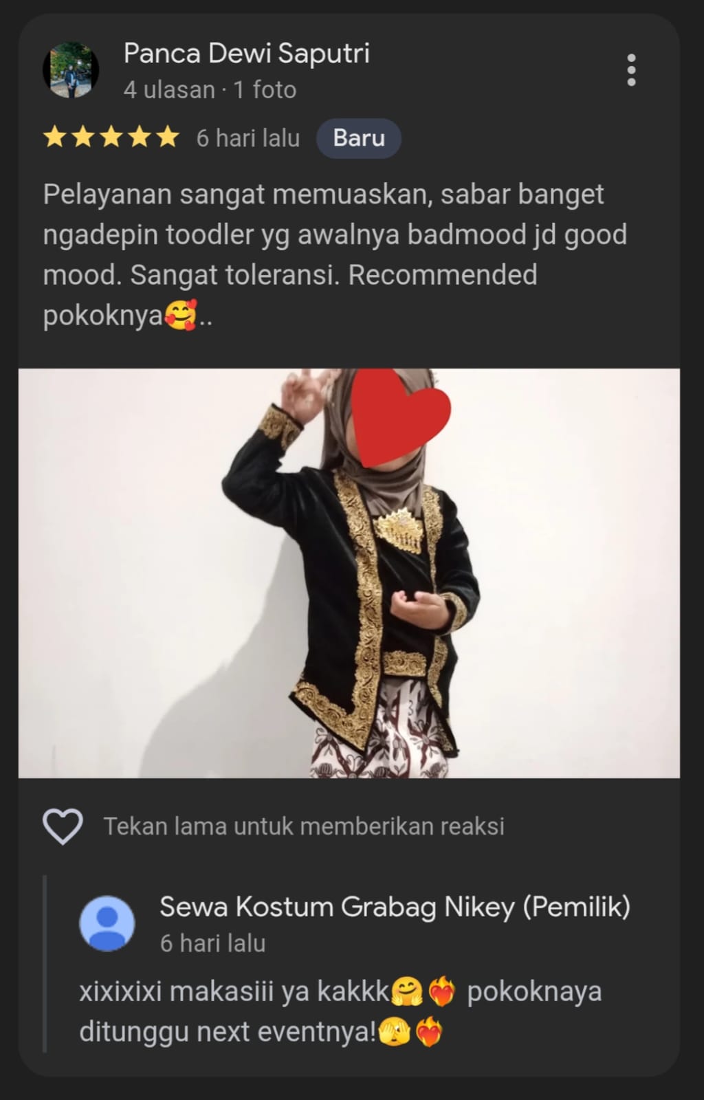 testimoni pelanggan konsumen sewa kostum grabag by Nikey
