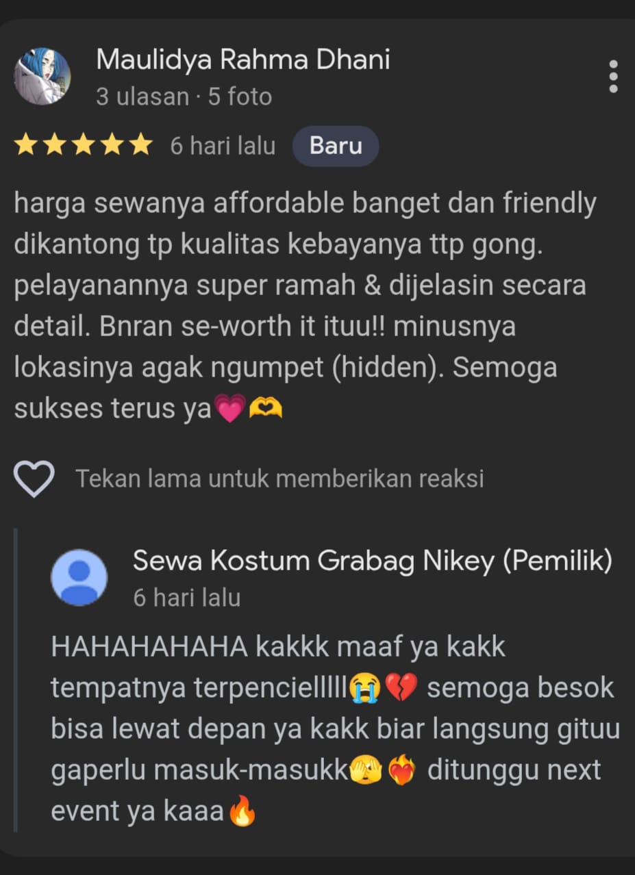 testimoni pelanggan konsumen sewa kostum grabag by Nikey