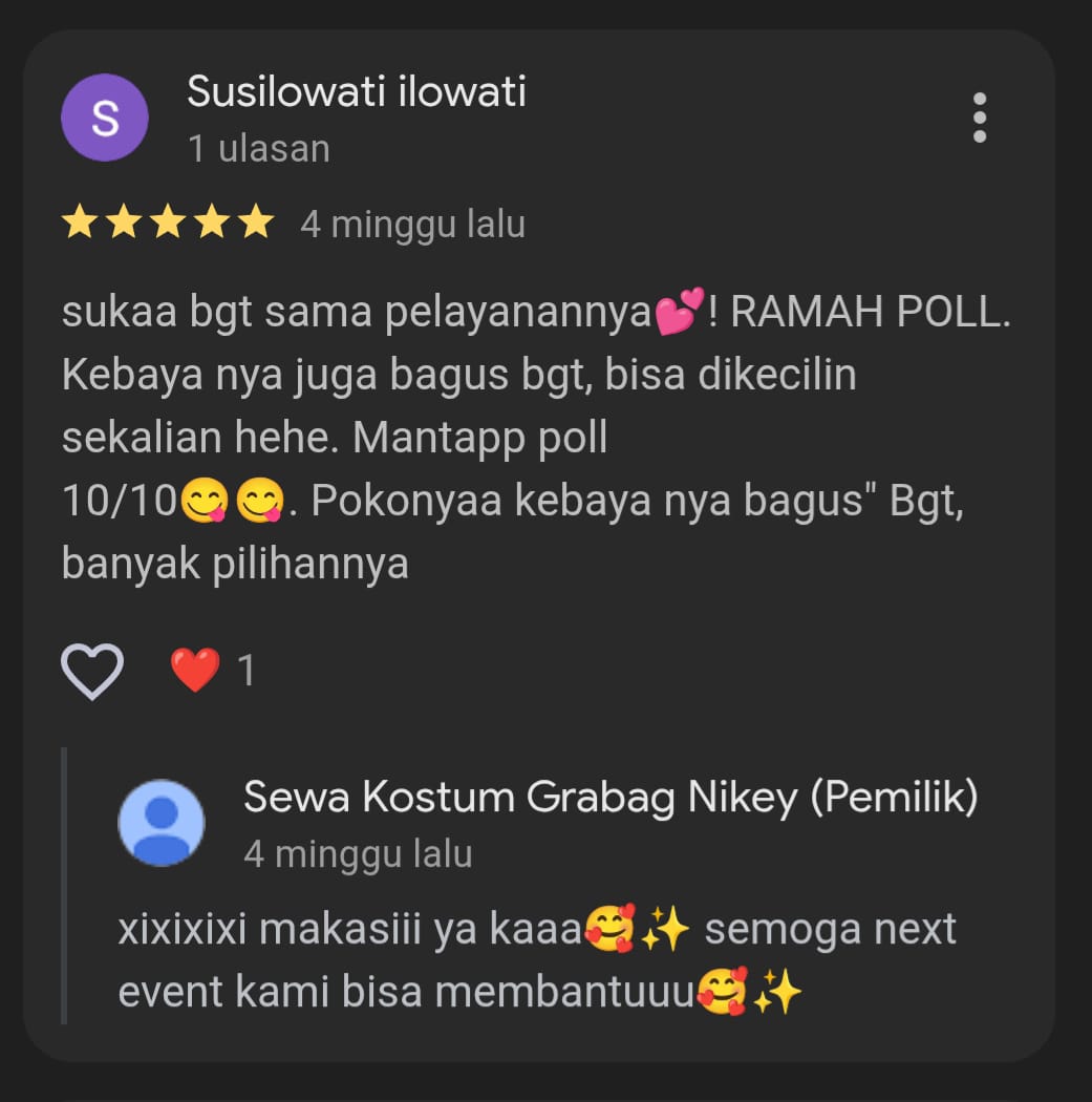 testimoni pelanggan konsumen sewa kostum grabag by Nikey