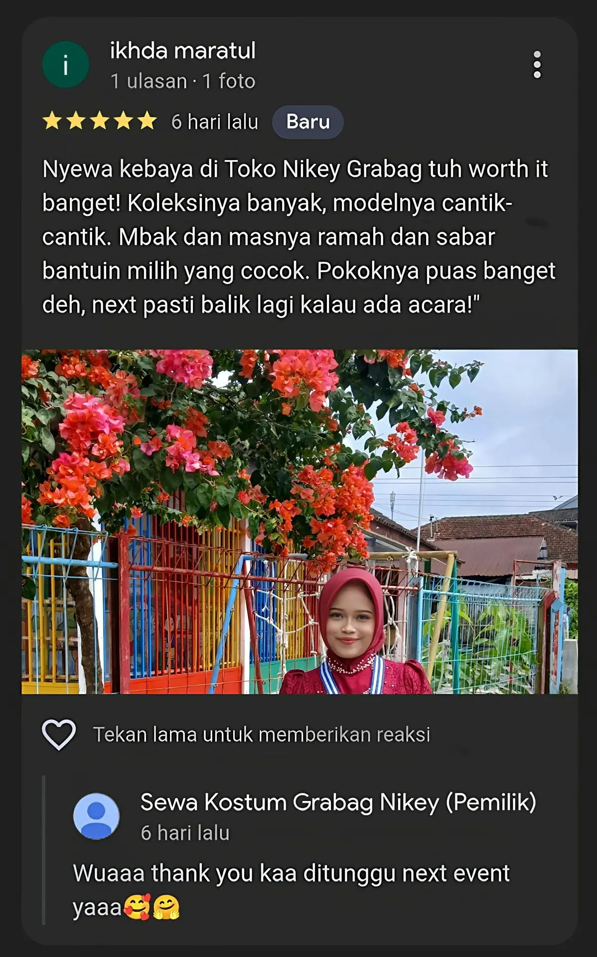 testimoni pelanggan konsumen sewa kostum grabag by Nikey
